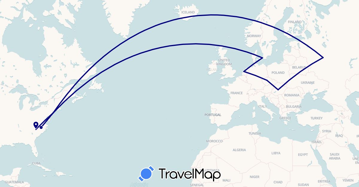 TravelMap itinerary: driving in Czech Republic, Denmark, Hungary, Netherlands, Russia, United States (Europe, North America)